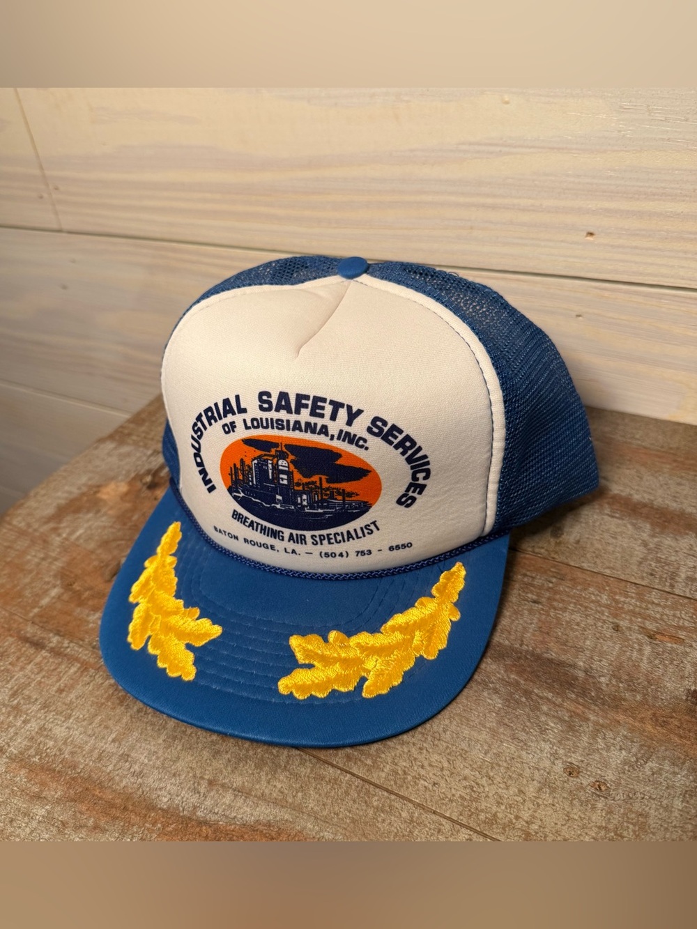 Vtg Industrial Safety Services Trucker Hat Blue and White Gold Embroidery